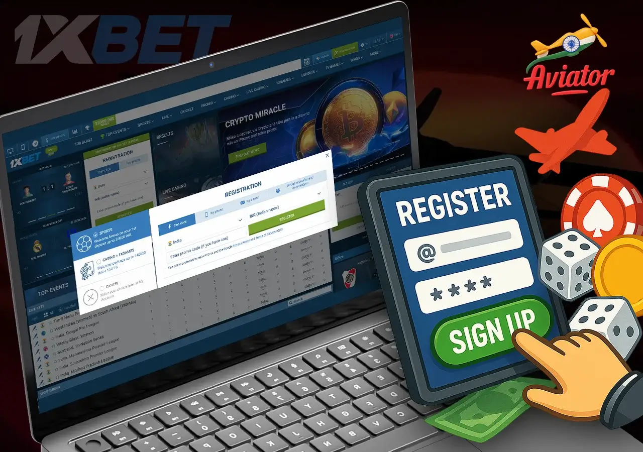 1xBet page with registration widget